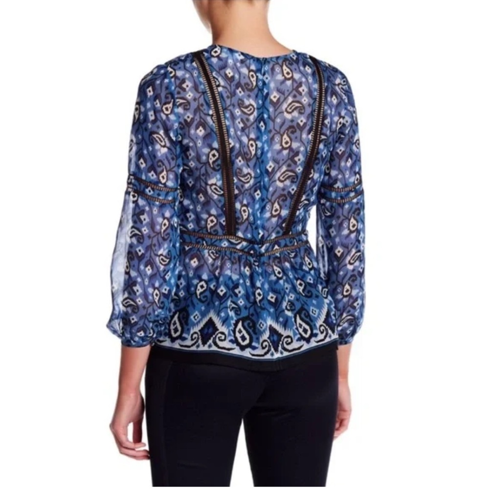 VERONICA BEARD BLUE WHITE CABO BOHO PAISLEY SHEER SILK BLOUSE LONG SLEEVE TOP - Picture 3 of 14